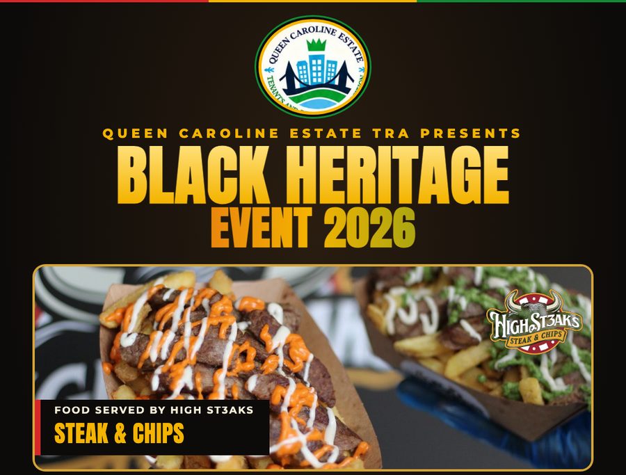 Queen Caroline Estate TRA presents Black Heritage Event 2026, food served by High St3aks